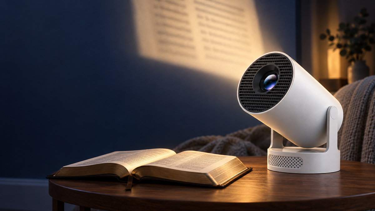 Lamp and Verse night projector on a bedside table in a peaceful blue-hour bedroom