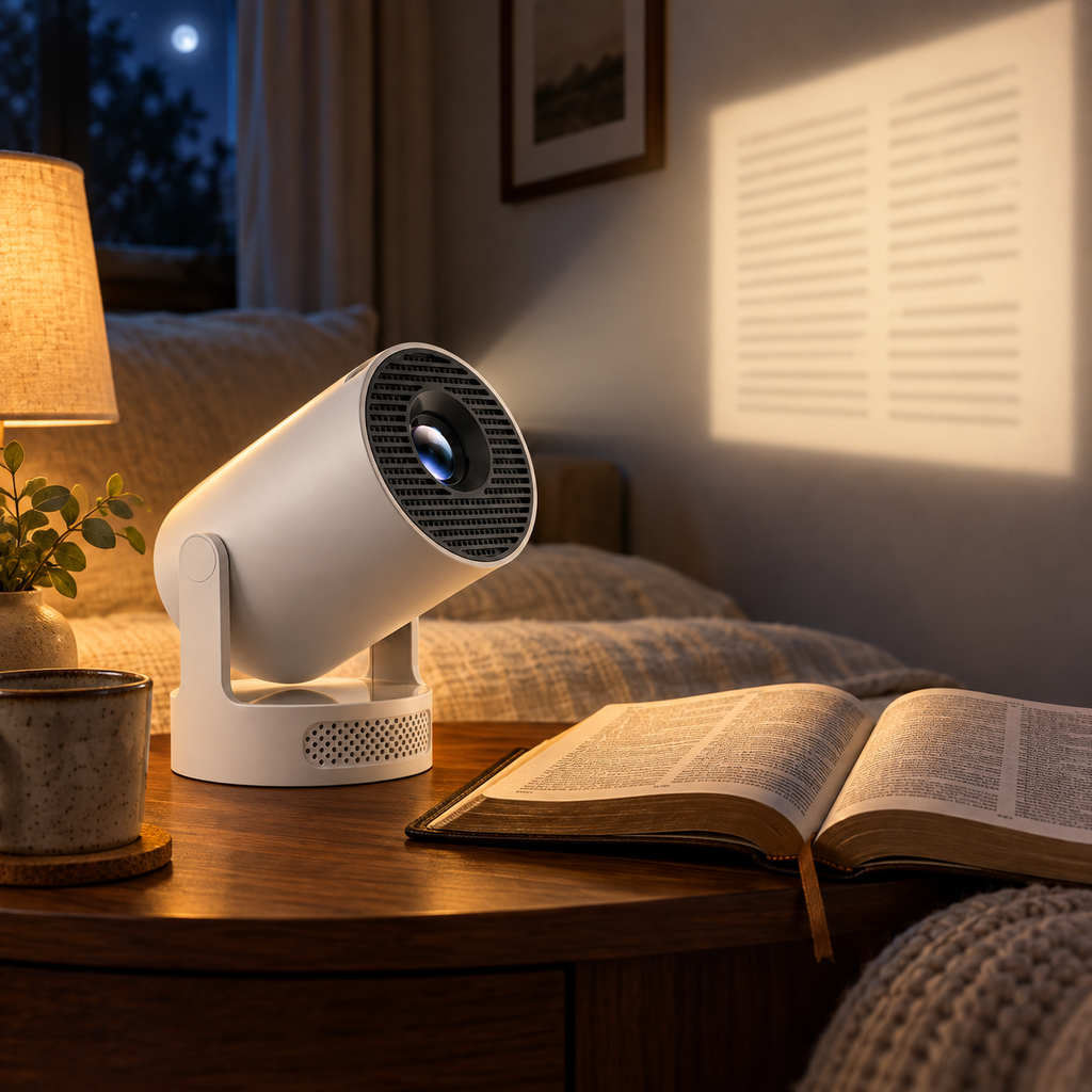 Lamp & Verse Night Projector beside an open Bible for nighttime reading