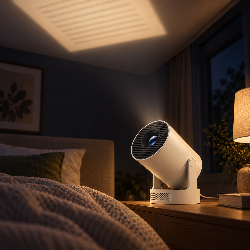 Lamp & Verse Night Projector angled upward toward a bedroom ceiling